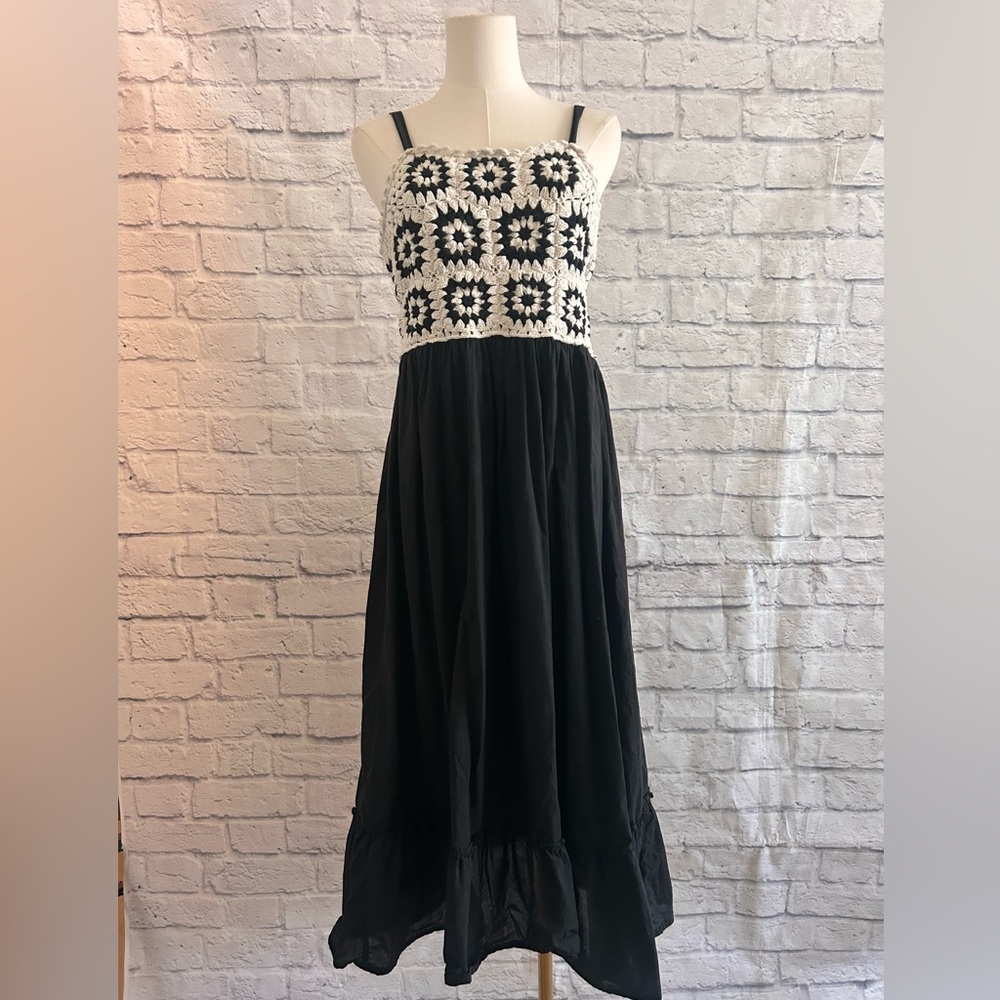 Crochet Maxi Dress Bohemian Boho Black Euro Fall Granny Squares 100% Cotton - Picture 2 of 10